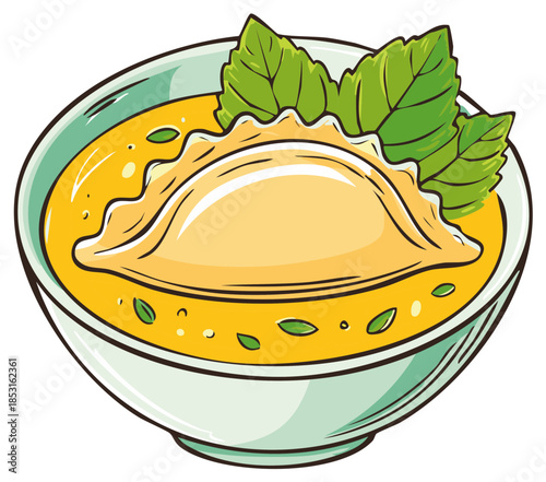 Cartoon illustration of a savory dumpling in a bowl of yellow soup with fresh herb garnish