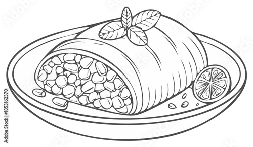 Savory Corn Filled Roll with Basil and Lemon Garnish Line Art Illustration