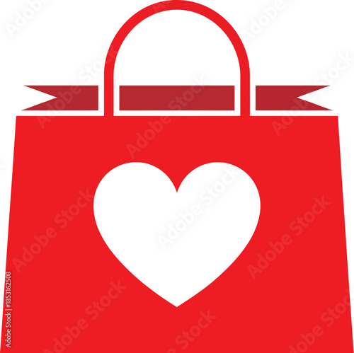 Vibrant red shopping bag icon featuring a loving heart design for special gifts