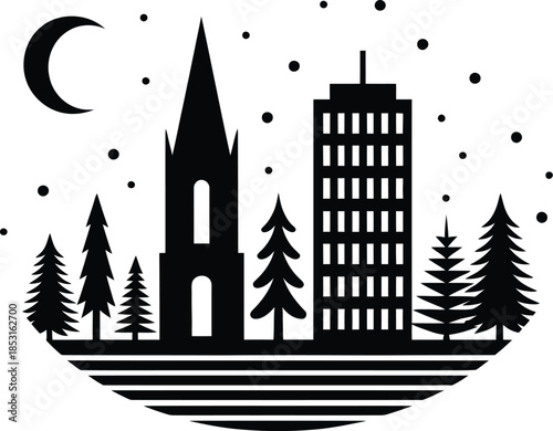 Captivating winter city night with a charming church and modern high-rise building