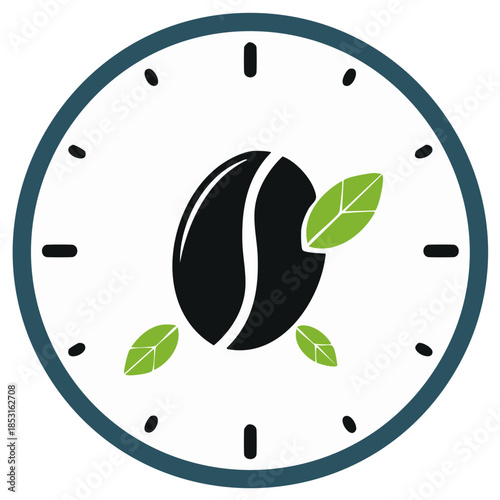 Coffee Time Concept Icon Clock with a Fresh Bean and Leaves Vector Illustration