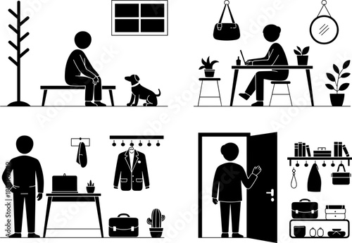 Minimalist vector illustration set showing a person's daily routine including working from home, organizing clothes, and departing with a dog. (21 words)