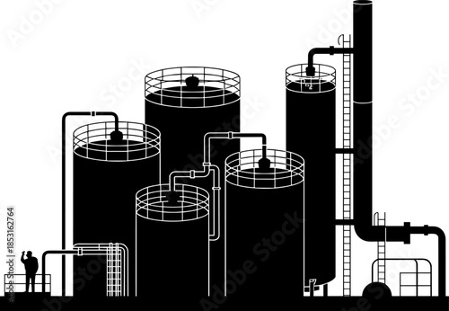 Industrial Oil Refinery Silhouette Icon Featuring Storage Tanks Pipelines and Chemical Processing Plant with a Worker for Energy and Engineering Designs