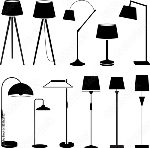 Modern Floor and Table Lamp Silhouette Icon Set Featuring Professional Interior Lighting Furniture Elements for Home Decor Office and Studio