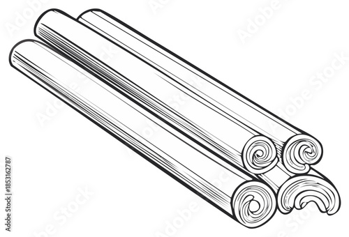 Hand drawn stack of aromatic cinnamon sticks quills illustration for cooking and baking ingredients