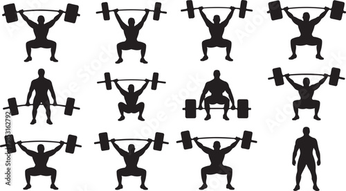 Multiple silhouettes of athletes performing barbell weightlifting exercises in rows squat clean and jerk