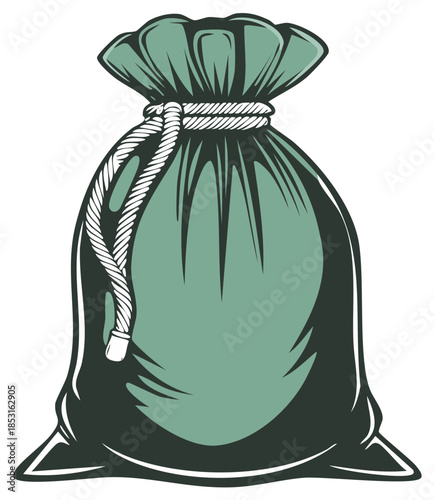 Classic vintage style illustration of a full green sack tied with a rope