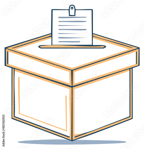 Hand drawn illustration of a ballot box with a paper ballot inside and a clip