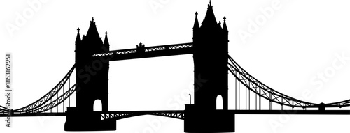 Silhouette of Tower Bridge London icon on white background, Victorian gothic architecture landmark, British capital travel symbol, United Kingdom tourism asset.