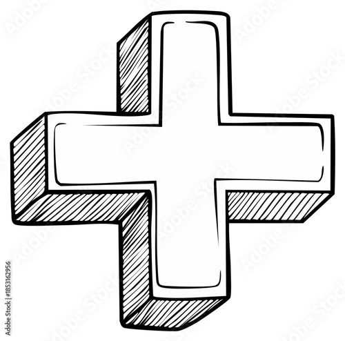 Black and white sketch illustration of a three dimensional plus symbol icon for positive growth or healthcare concepts