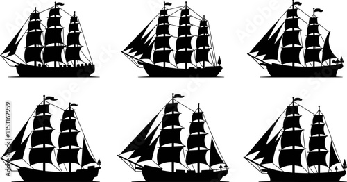 Set of Six Black Silhouette Sailing Ships and Vintage Nautical Vessels with Multiple Masts Isolated on White Background for Maritime Design Concepts (22 words)