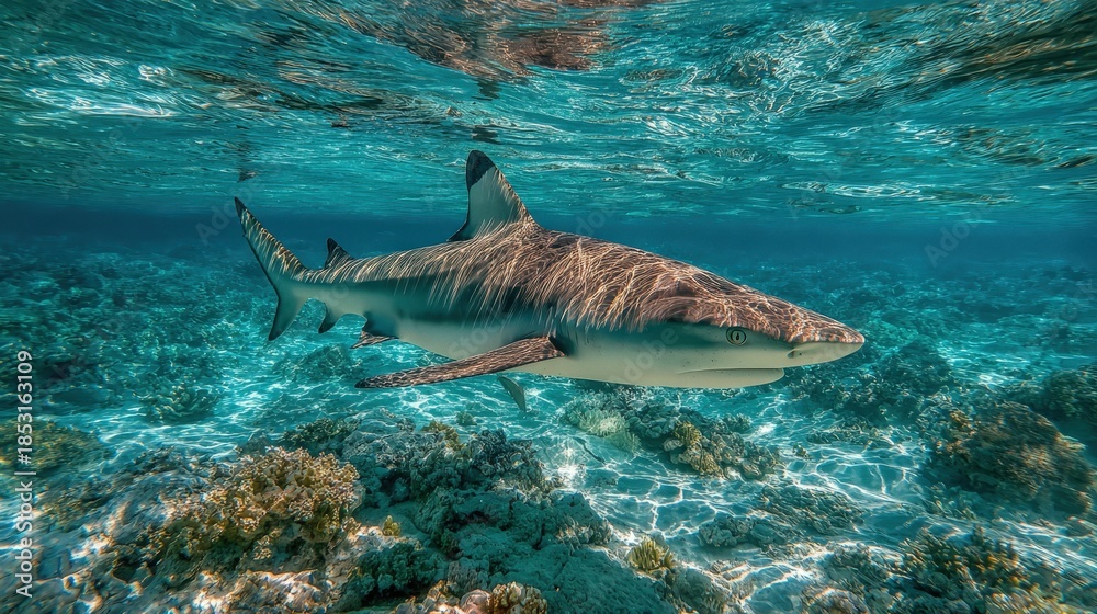Obraz premium Blacktip reef shark patrols shallow waters of Fakarava atoll, turquoise sea, coral reef visible, tropical island in background, bright sunny day