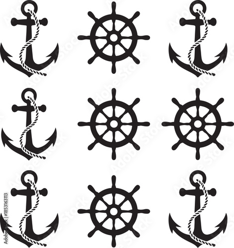 Nautical icons featuring anchors and ship steering wheels with rope details Keywords: anchor, ship wheel, helm, steering wheel, nautical, maritime, marine, sea, ocean, sailing, boat, ship, travel
