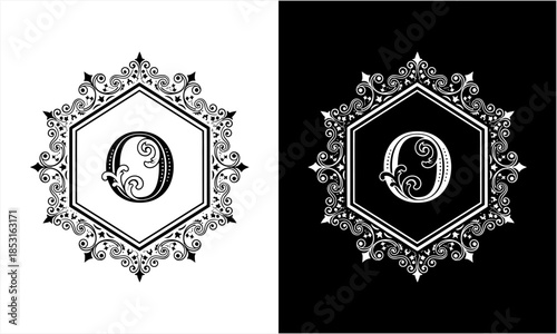 Elegant ornamental letter O monogram design with decorative hexagonal frame.