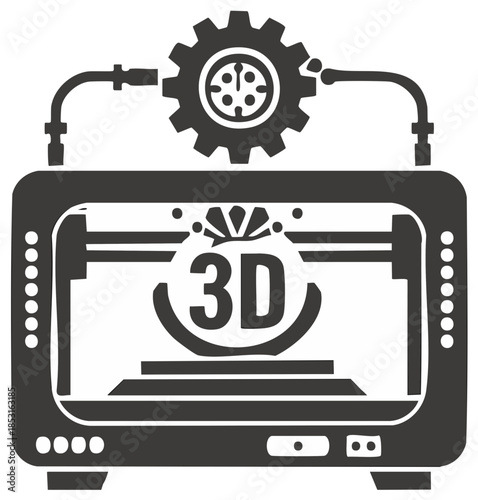 Black and white illustration of a 3D printer with a gear icon above it