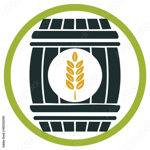 Wooden Barrel Icon with Golden Wheat, Green Circle Frame, Graphic Illustration