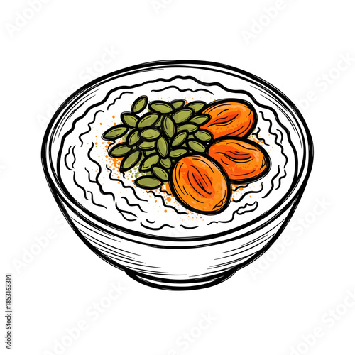 Bowl of oatmeal with pumpkin seeds and dried apricot in a ceramic dish, in sketch style