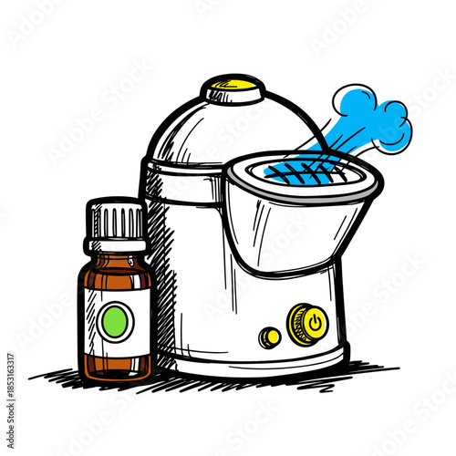 Essential oil next to steam machine in colorful sketch style  
