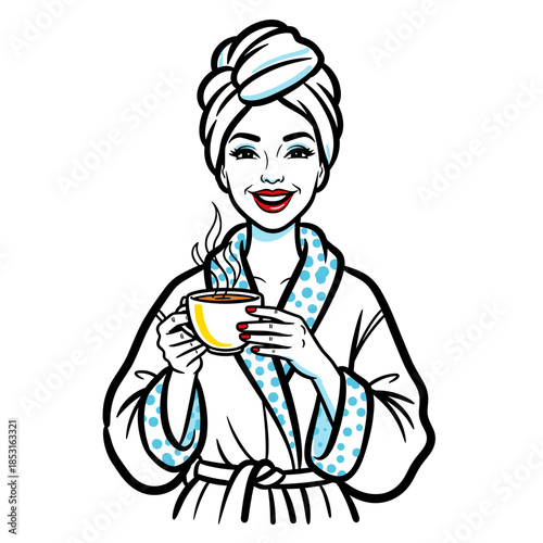 Smiling woman in bathrobe holding cup of tea in bright colors, in sketch style