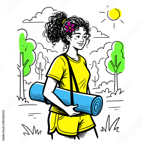 Woman carrying mat outdoors in sunny park with green trees, in sketch style