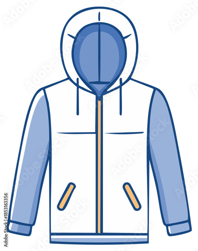 Stylized drawing of a blue and white hooded jacket with drawstrings and pockets