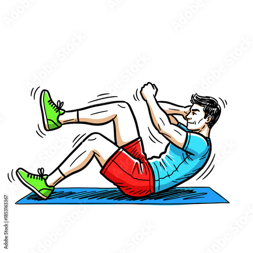 Man performing bicycle crunches while exercising on a yoga mat, in sketch style