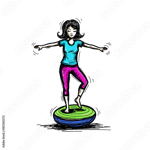 Girl balancing on exercise disc while maintaining focus and posture, in sketch style   