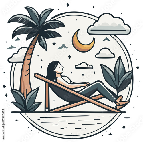 Woman relaxing on a beach chair under a palm tree during the night, with a crescent moon and clouds