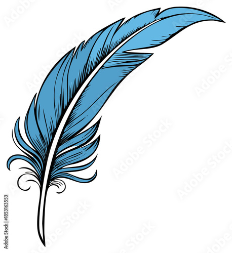 Stylized drawing of a single blue feather with elegant black outline against white