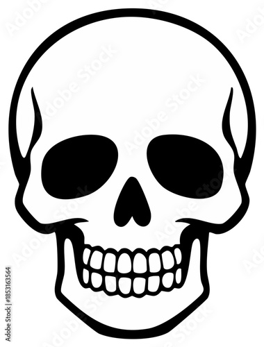 Isolated front view of skull illustration with teeth in black and white isolated on plain background