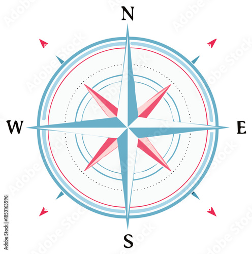 Nautical Compass Rose with Red and Blue Accents Pointing Directions