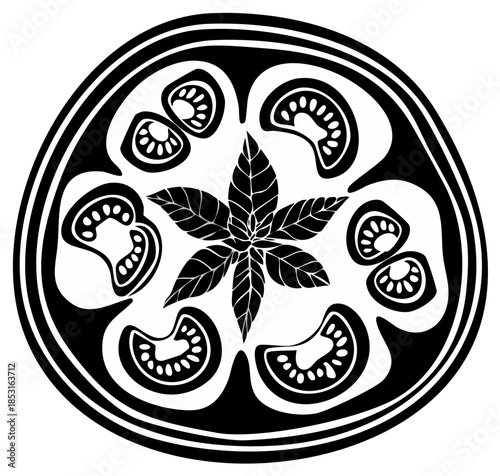 Stylized black and white circular design featuring sliced tomatoes and basil, simple artistic food illustration