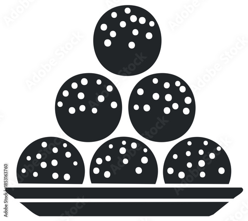 Stylized Illustration of Balls of Food Arranged on a Serving Dish, Black and White.