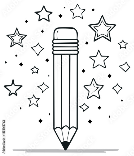 Creative inspiration pencil surrounded by stars and sparkles, symbolizing ideas, imagination, and artistry.
