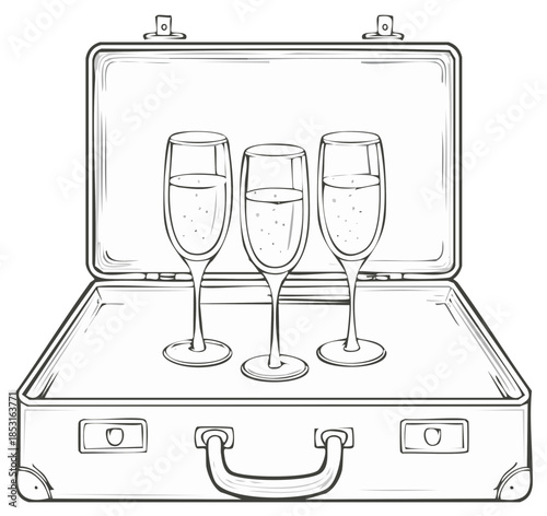 Opened Suitcase with Three Champagne Glasses Outline Style, Celebration and Travel Concept