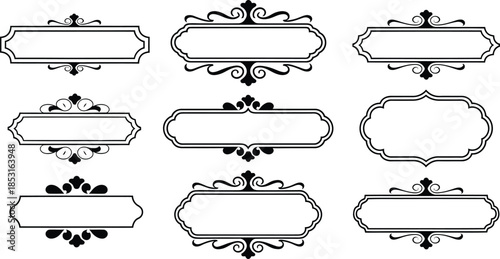 Set of vintage decorative frames, ornamental borders, and retro labels, vector illustration