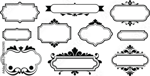 Set of vintage decorative frames, ornamental borders, and retro labels, vector illustration