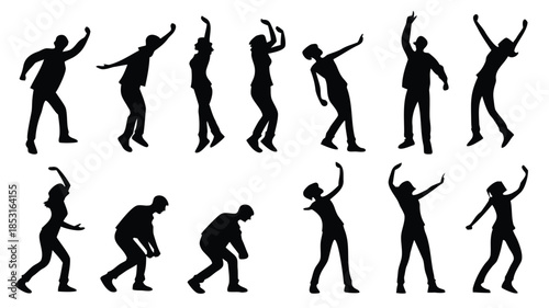 Vector illustration collection of various dance poses in black silhouette