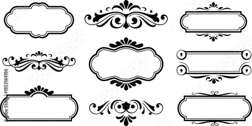 Set of vintage decorative frames, ornamental borders, and retro labels, vector illustration