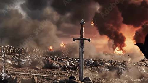 A chaotic battlefield with armor and sword on fire with smoke and flames