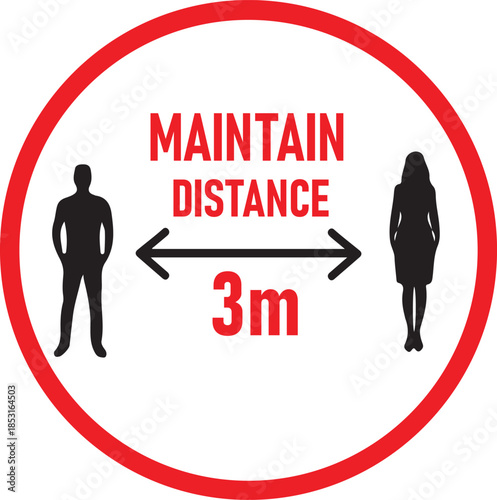 Maintain Distance 3m Vector Sign | Social Distancing Safety Icon, Physical Distance Warning Symbol, Public Health Instruction Pictogram, Flat Vector EPS PNG JPG.