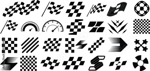 Racing Checkered Flag and Speedometer Icon Set,  Vector illustration