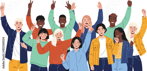 Diverse group of happy people celebrating unity, community, teamwork, inclusion, friendship, multicultural joy, solidarity, peace, togetherness, cheerful crowd, flat vector illustration