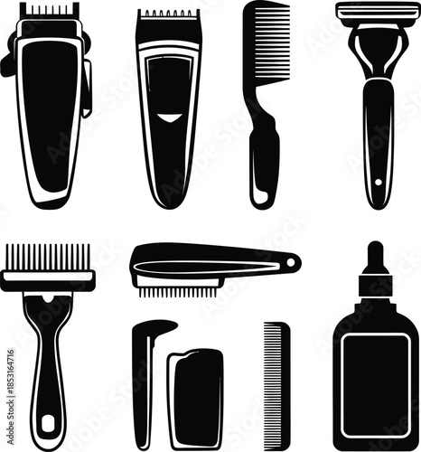 Barber Shop Icons Set. Hair Clipper, Razor, Trimmer, Comb and Grooming Tools Silhouette Vector Collection