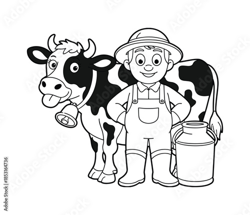Cartoon farmer with black and white cow and milk can.
