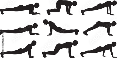 Nine Black Silhouettes of People Performing Different Plank and Push-up Exercises fitness