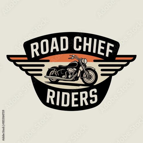 Road Chief Riders motorcycle club shield with wings and cruiser, retro road team logo, vintage biker patch vector for garage apparel, rallies and events
