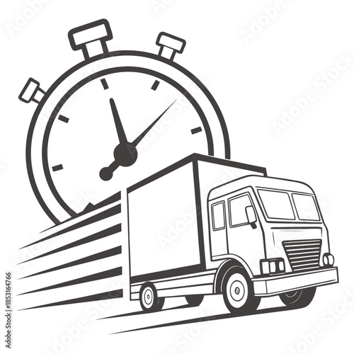 Vector illustration a speedy delivery truck racing past a stopwatch