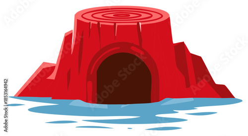 Stylized Red Stump Structure with Archway Entrance and Water Feature