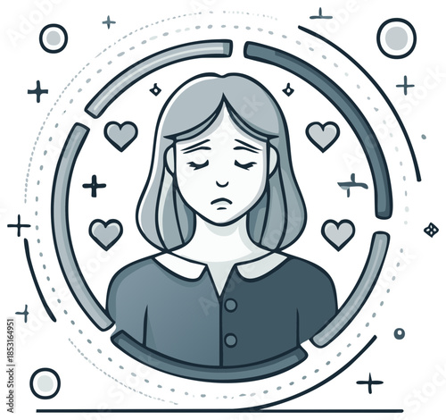 Sad young woman with closed eyes surrounded by hearts conceptual mental health illustration